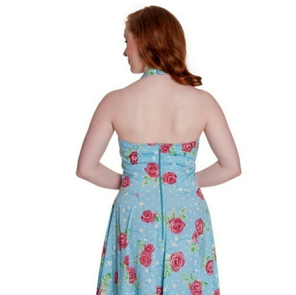 Blue and Pink Rose Floral Halter Dress by Hell Bunny - Size Medium - Hey Viv - Picture 4 of 6